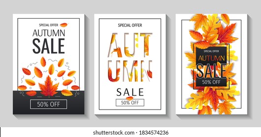 Set of Autumn promo sale flyers or backgrounds with bright autumn leaves. A4 vector illustration for banner, poster, special offer, advertising, flyer, commercial.