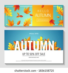 Set of Autumn promo sale flyers or backgrounds with bright autumn leaves. Vector illustration for banner, poster, special offer, advertising, flyer, commercial.
