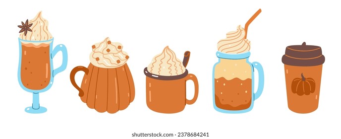 Conjunto de bebidas de calabaza de otoño aisladas sobre fondo blanco. Gráficos vectoriales.