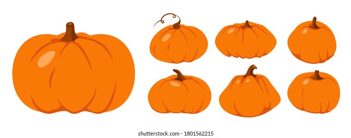 Set of Autumn pumpkin flat icon. Symbol Thanksgiving and Halloween. Cartoon different shape orange gourd. Gather farm harvest, season crop capacity. Ripe vegetable squash. Isolated vector illustration