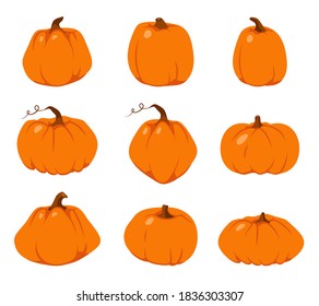 Set of Autumn pumpkin flat icon. Cartoon different shape orange gourd. Symbol Thanksgiving and Halloween. Gather farm harvest, season crop capacity. Ripe vegetable squash Isolated vector illustration