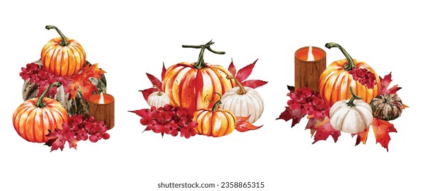 Set of Autumn pumpkin watercolor vector design great for cards, banners, headers, party posters or decorate your artwork.