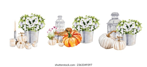 Set of Autumn pumpkin watercolor vector design great for cards, banners, headers, party posters or decorate your artwork.