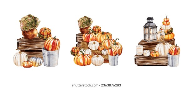 Set of Autumn pumpkin watercolor vector elements on white background great for cards, banners, headers, party posters or decorate your artwork.