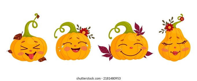 Set of autumn pumpkins, cute characters for Halloween. Cartoon vector graphics.