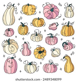 Set of autumn pumpkins with cute curls. Hand drawn doodle cliparts