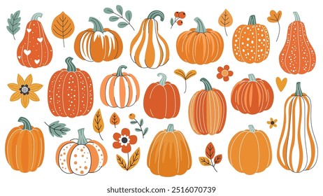 Set of autumn pumpkins of different shapes. Folk style and warm colors. Boho autumn pumpkins, leaves and flowers. White background