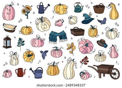 Set of autumn pumpkins, flowers, leaves and other items. Hand drawn doodle cliparts