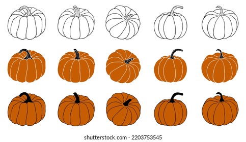 Set of autumn pumpkins outline hand drawn vector illustration seasonal elements for design