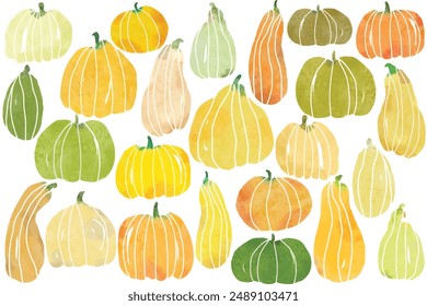 Conjunto de calabazas de otoño en estilo acuarela. Elegante fondo de otoño. Patrón de Vector dibujado a mano con calabazas de acuarela.