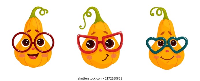Set of autumn pumpkins.Colorful funny characters with glasses for Halloween holiday.Cartoon vector graphics.