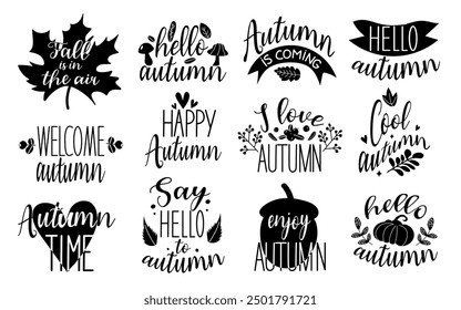 Set of Autumn quotes black color isolated on white background. Collection hand drawn Autumn short phrases.  Autumn phrases with cute and cozy decorative elements.