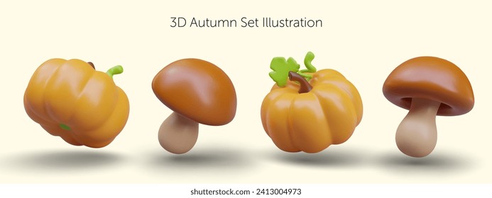 Set of autumn realistic objects. Pumpkin and mushroom in different positions. Ingredients for seasonal vegetarian menu. Organic concept. Bright decorative web elements