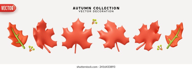 Set of autumn red maple leaves on a white background. Realistic 3d cartoon plastic style. Decorative elements for seasonal compositions. vector illustration