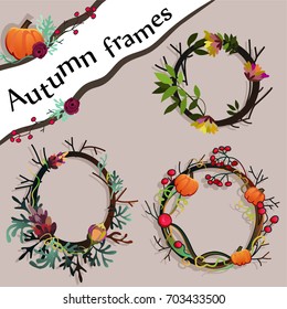 Set of autumn round vector frames with floral elements, pumpkins and berries.Hand drawn wreath with leaves, branches and berries, round frame. Fall label isolated on white background