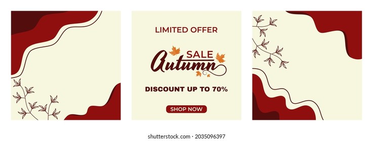 Set Of Autumn Sale Background for Fall Promotion Vector Illustration. Social Media Web Banner Promo with Abstract Autumn Background, leaf, organic shapes. Discount 70%.