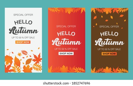 Set of autumn sale background layout decorate with leaves for shopping sale or promo poster and web banner. Seasonal lettering. Vector illustration.