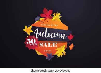 Set of  autumn sale banner for social media stories. Colorful banners with autumn fallen leaves and yellowed foliage. Use for event invitation, discount voucher, advertising. Vector 