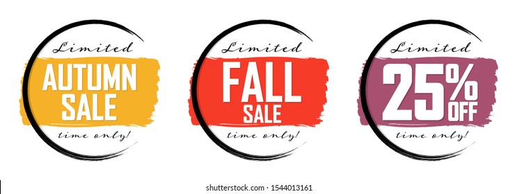 Set Autumn Sale banners design template, Fall discount tags, 25% off, grunge brush, vector illustration