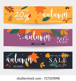Set of autumn sale banners design, discounts and special offer. Shopping background, label for business promotion. Vector illustration.