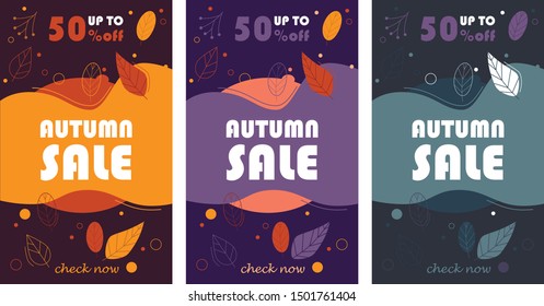 Set of autumn sale banners with dynamic modern liquid mobile concept and leaves. Special offer and sale banner discount up to 50% template design - Vector