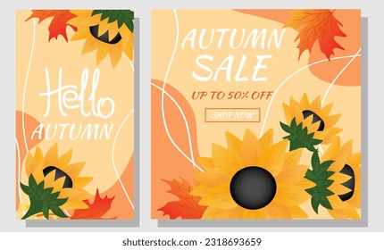 Set Herbstverkaufsbanner. Herbstblätter, Sonnenblumen und abstrakte Form auf orangefarbenem Hintergrund. Design für soziale Netzwerke, Werbung.