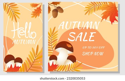 Set autumn sale banners. Autumn leaves, cep and abstract shape on orange background. Design for social network, advertising.