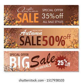 Set Autumn sale banners template with branches and berries.  Vector illustration