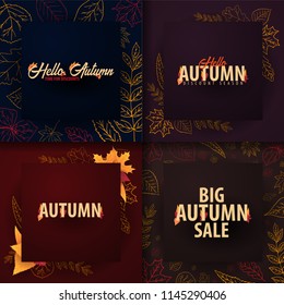 Set of Autumn Sale banners with-hand draw doodle leaves on the background