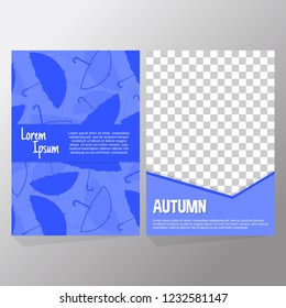 Set of Autumn sale flyer template. Poster with lettering, falling dark silhouette umbrella, blue background, transparent space for image. Design for promotion, invitation, cover, ads, leaflet