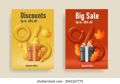 Set Herbstverkaufsflyer oder -plakate mit 3D-Illustration von Geschenkbox mit einem großen Prozentsymbol und gelben Renderblätter in zwei Farben