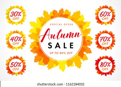 Set of autumn sale lable in frame on orange maple leaves. Fall sale 30, 40, 50, 60, 70, 80% off background, special offer for promotion banner or flyer design. Vector illustration