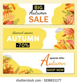 Set of autumn sale long banners with fall leaves, typographic templates, flyer, poster, card. Set of printed product design. Vector illustration.