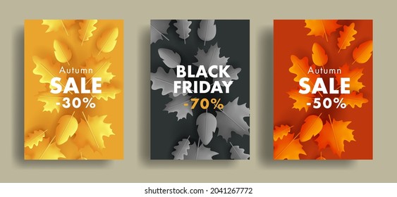 Set of autumn sale posters or flyers with fall leaves 3d illustration from center to the edges, different colors, Black Friday