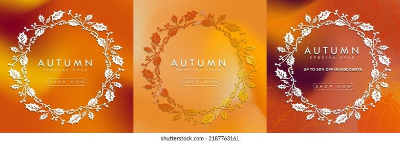 Set Of Autumn Sale Sign With White Floral Frame On Fall Color Palette Liquid Background With Shop Now Button. Editable Vector Illustration.