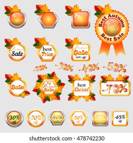 Set of autumn sale stickers with yellow and orange maple leaves in different shapes. Vector illustration