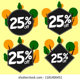 Set Autumn Sale tags, 25% off, banners design template, app icons, vector illustration