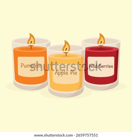 Set of autumn scented candles. Fall season vector illustration.