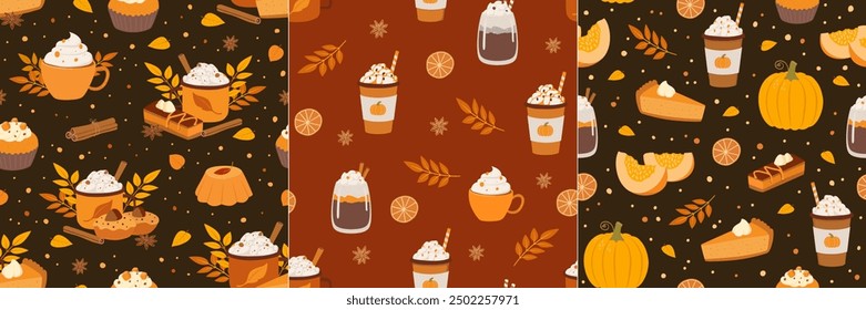 Conjunto de patrón de otoño sin fisuras con taza de café, café con leche, especias de calabaza y pastel