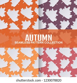 set autumn seamless pattern with fall tropical palm leaves in paper cut art style. vector texture illustration on colorful background. template for textile fabric design, wrapping, web page wallpaper