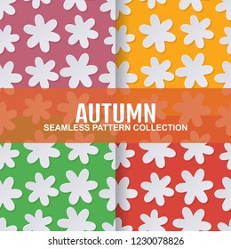 set autumn seamless pattern with fall flower blossom in paper cut art style. vector texture illustration on colorful background. template for textile fabric design, wrapping, web page wallpaper