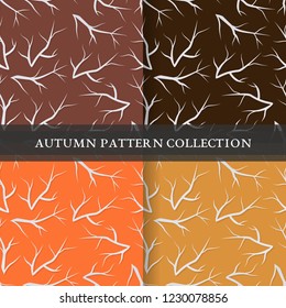 set autumn seamless pattern with fall twig or branch tree in paper cut art style. vector texture illustration on colorful background. template for textile fabric design, wrapping, web page wallpaper