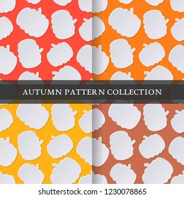 set autumn seamless pattern with fall pumpkin fruits in paper cut art style. vector texture illustration on colorful background. template for textile fabric design, wrapping, web page wallpaper