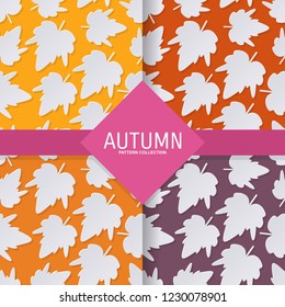 set autumn seamless pattern with fall tropical palm leaves in paper cut art style. vector texture illustration on colorful background. template for textile fabric design, wrapping, web page wallpaper