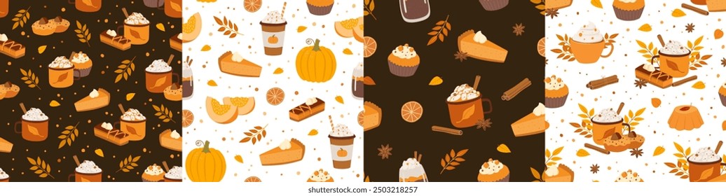 Set of autumn seamless pattern with hot beverage, cappuccino, pumpkin and cake. Vector illustration. Perfect for cafeteria, bakery, wrapping paper