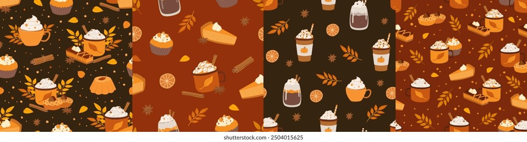 Conjunto de patrón de otoño sin fisuras con bebida caliente, café con leche, especias de calabaza y postre. Ilustración vectorial. Perfecto para la cafetería, menú, embalaje, papel de embalaje