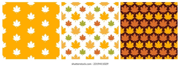 Set of Autumn Seamless Pattern Illustration Element Panoramic of Maple Trees Fallen in Cartoon Template Hand Drawn