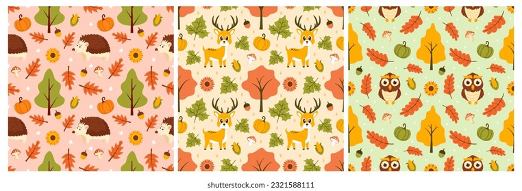 Set of Autumn Seamless Pattern Illustration Element Panoramic of Maple Trees Fallen in Cartoon Template Hand Drawn