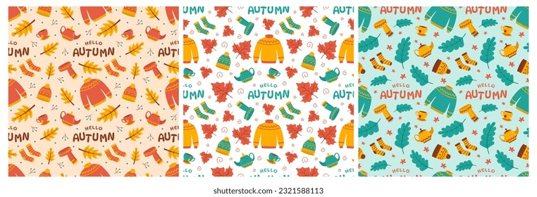 Set of Autumn Seamless Pattern Illustration Element Panoramic of Maple Trees Fallen in Cartoon Template Hand Drawn