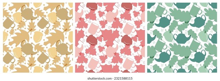 Set of Autumn Seamless Pattern Illustration Element Panoramic of Maple Trees Fallen in Cartoon Template Hand Drawn